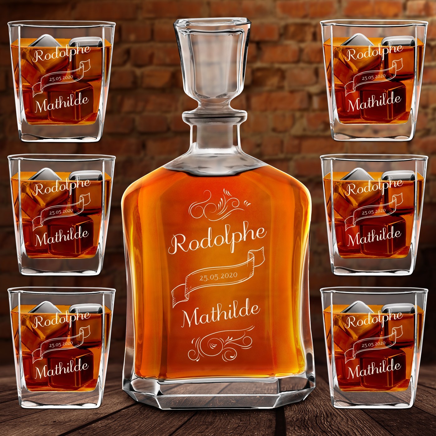 Set de decantador de whisky Murrano con 6 vasos y grabado láser para novios