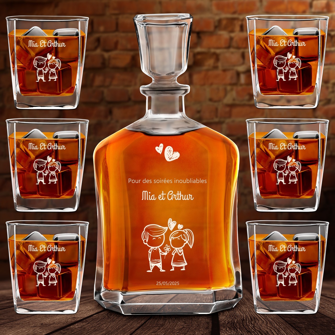 Set de copas de whisky Murrano para parejas - Carafas y vasos personalizados grabados para el Día de San Valentín