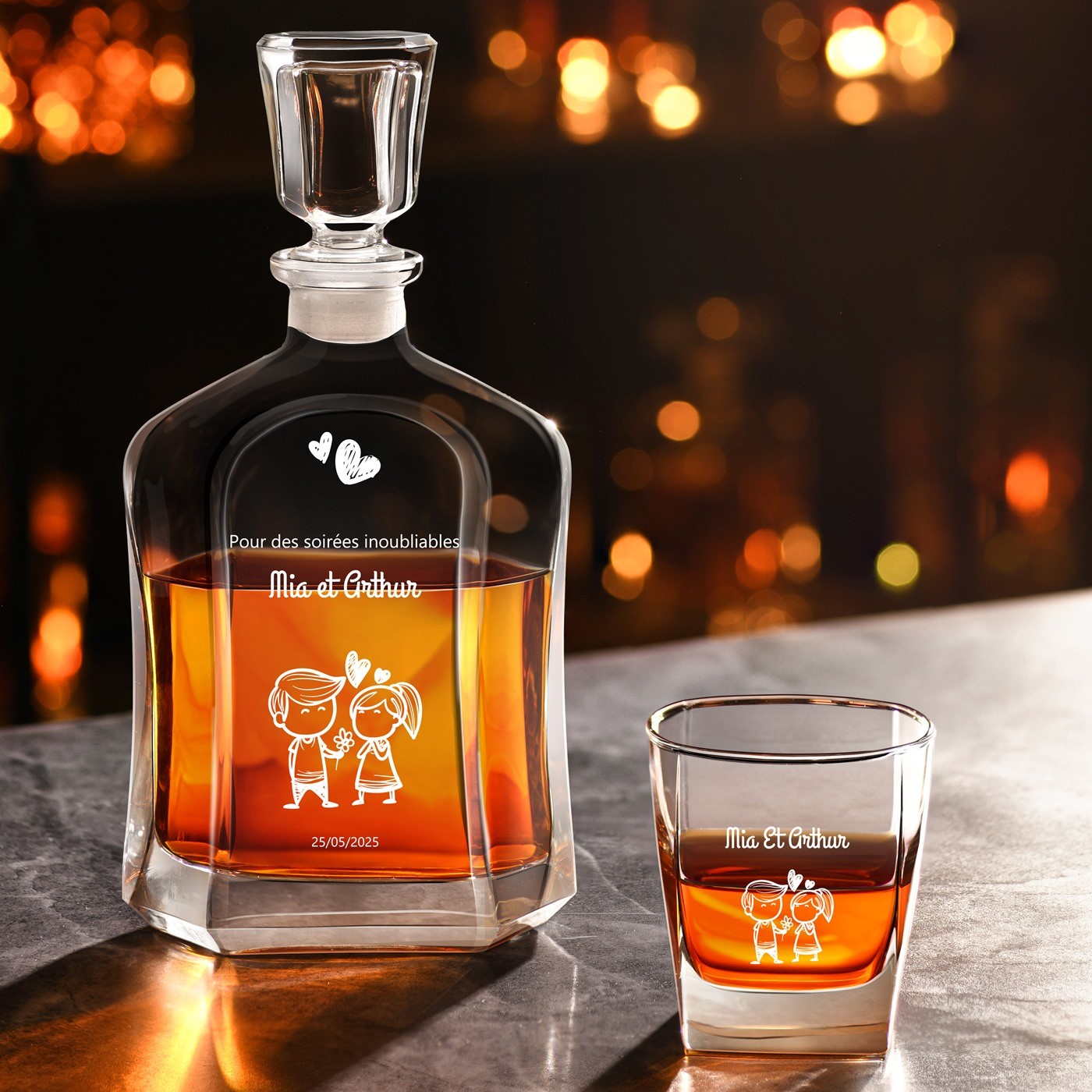 Set de copas de whisky Murrano para parejas - Carafas y vasos personalizados grabados para el Día de San Valentín