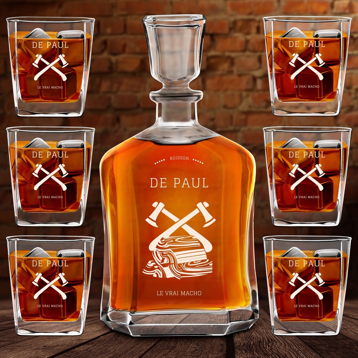 Set de decantador de whisky Murrano con 6 vasos y grabado láser para hombre