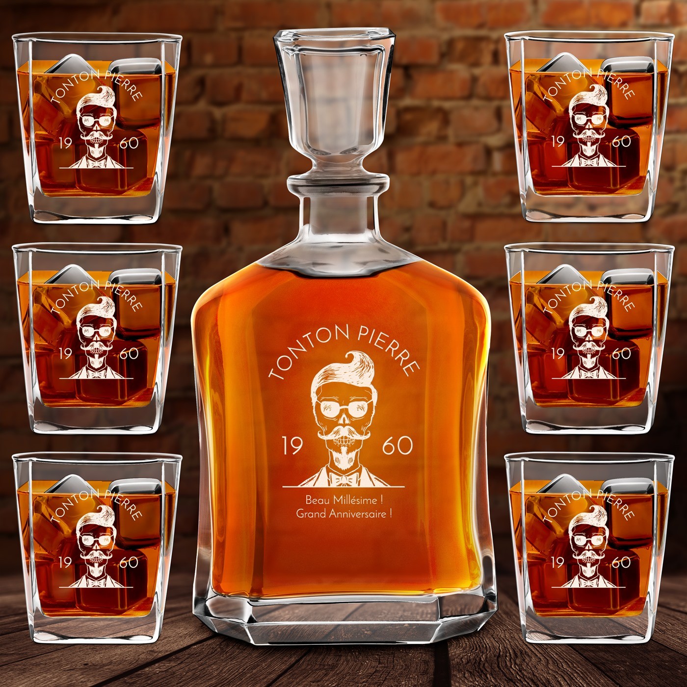 Set de decantador de whisky Murrano con 6 vasos y grabado