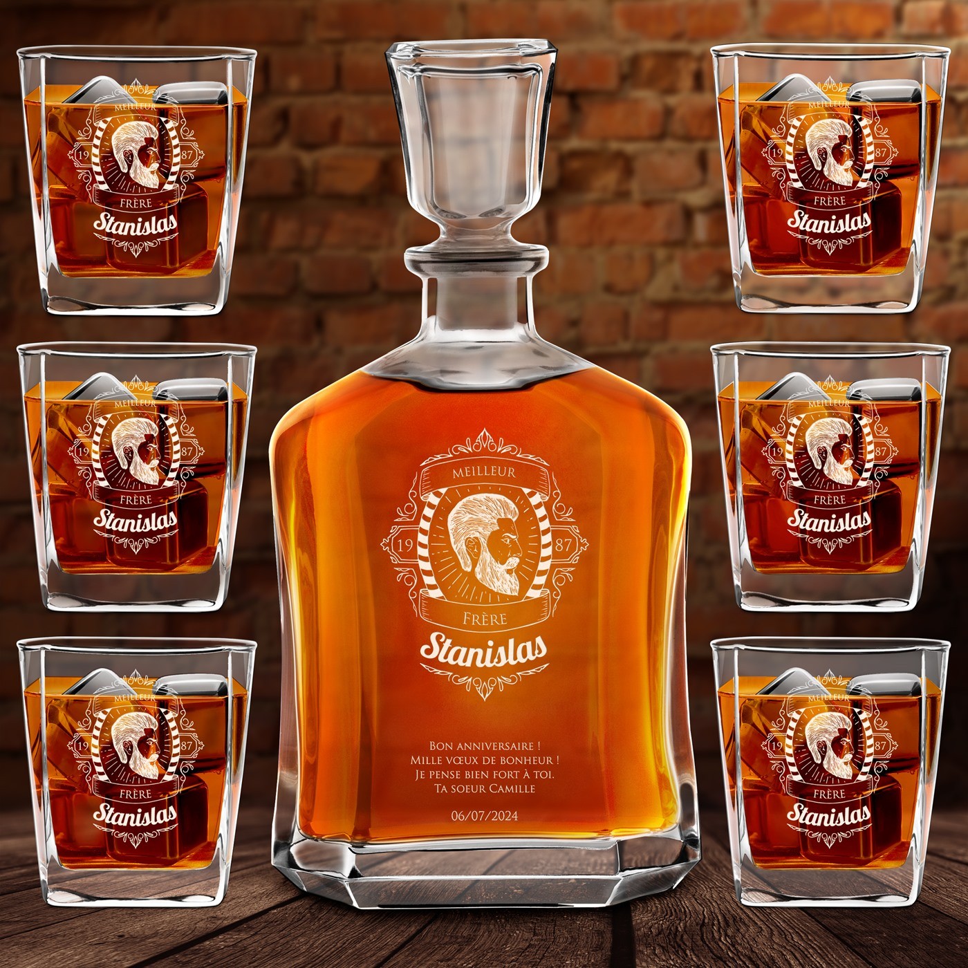 Set de decantador de whisky Murrano y vasos con grabado láser para hermano