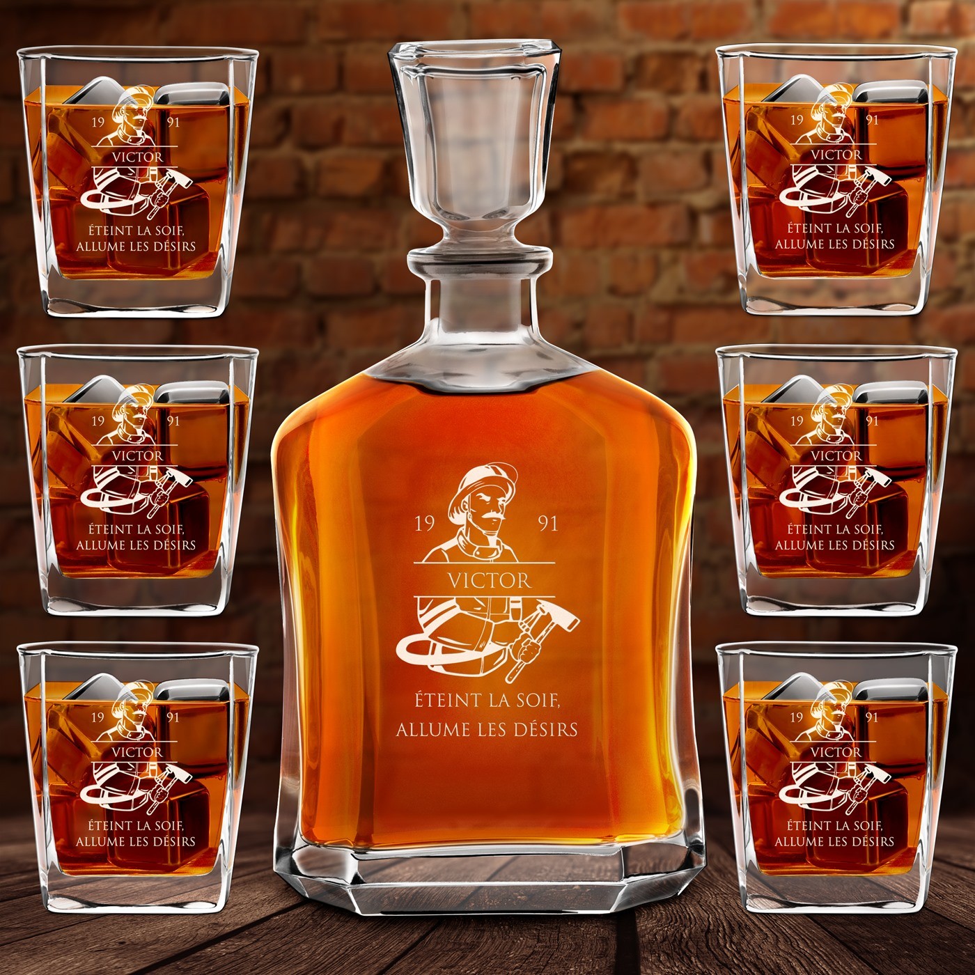 Set de decantador de whisky Murrano y 6 vasos con grabado láser para un bombero por aniversario