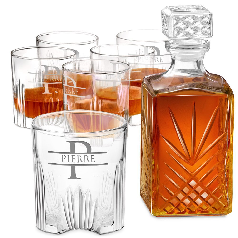 Decantador de whisky de cristal Murrano con 6 vasos personalizados para regalo de aniversario para hombre joven
