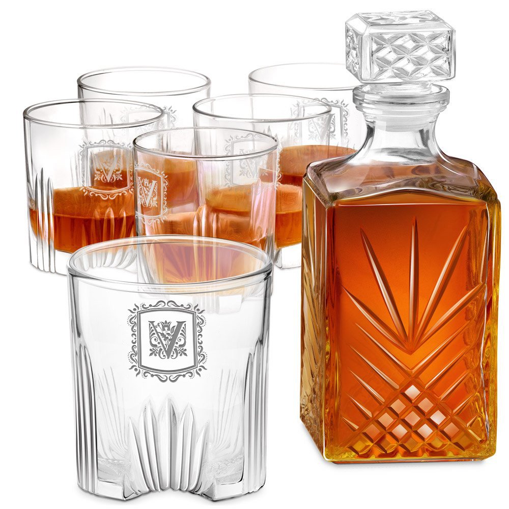 Decantador de whisky de cristal Murrano con 6 vasos personalizados para hombre