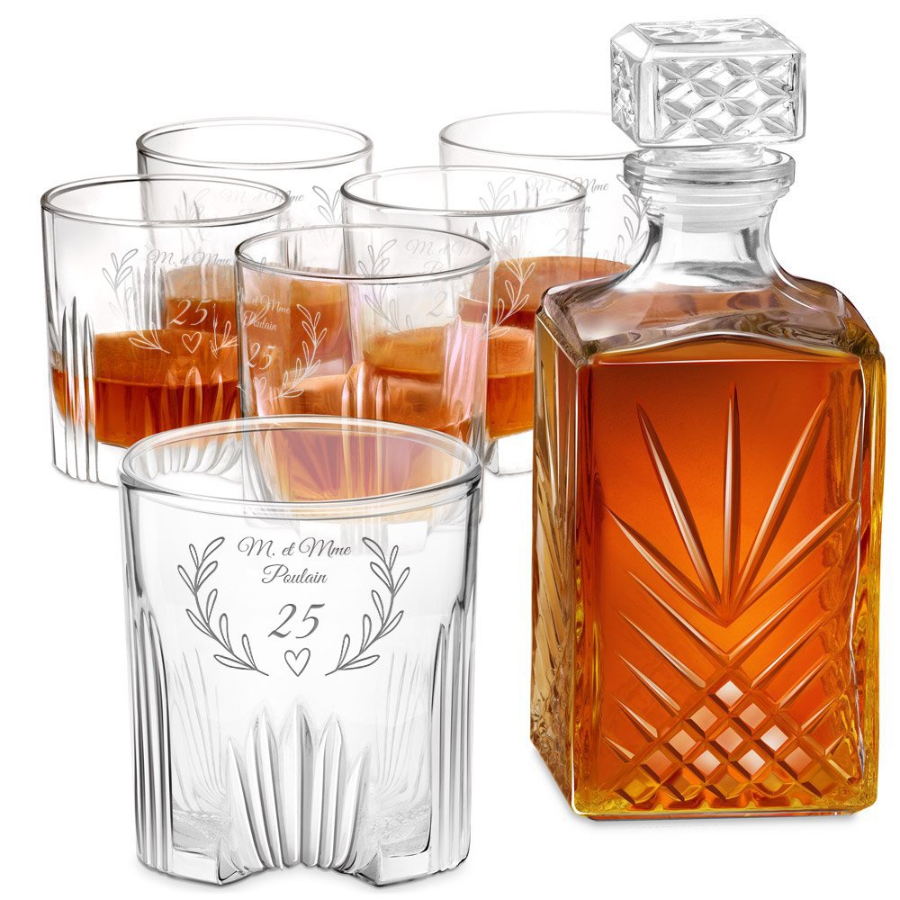 Decantador de whisky de cristal Murrano con vasos grabados láser (6) para el 25º aniversario de boda