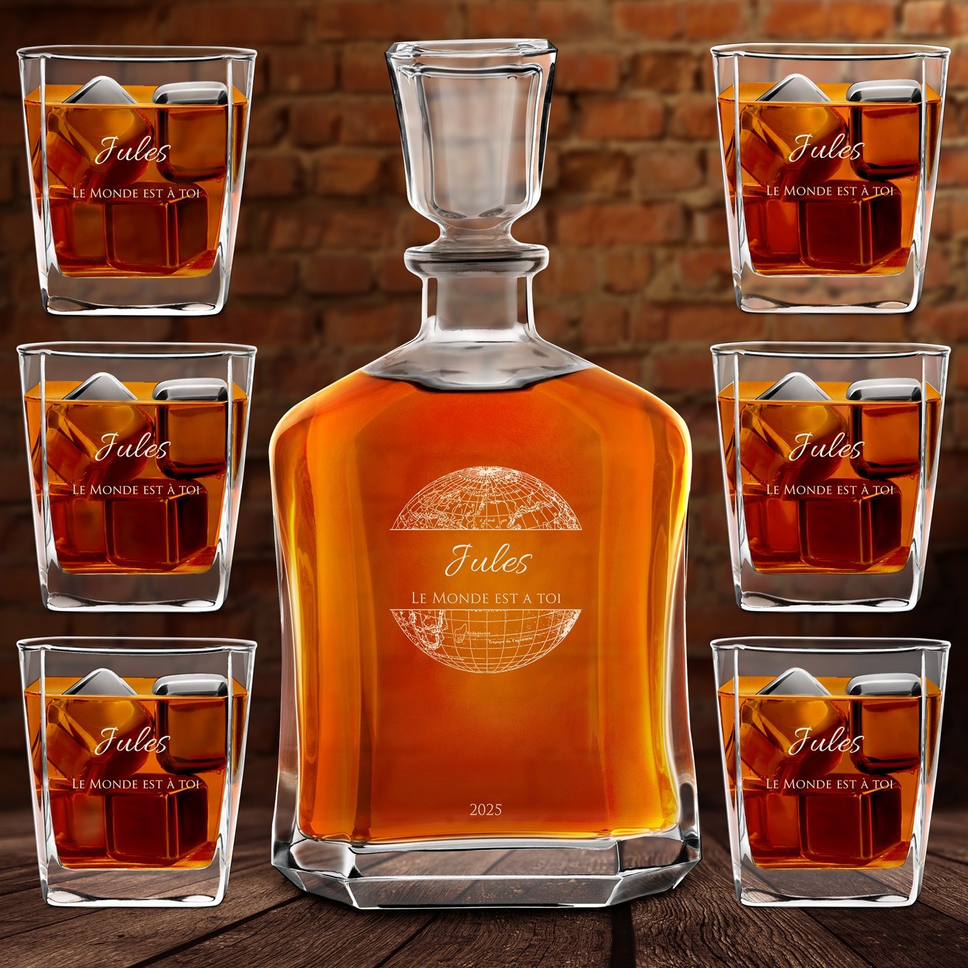Set de decantador de whisky Murrano con 6 vasos y grabado láser para un hombre elegante