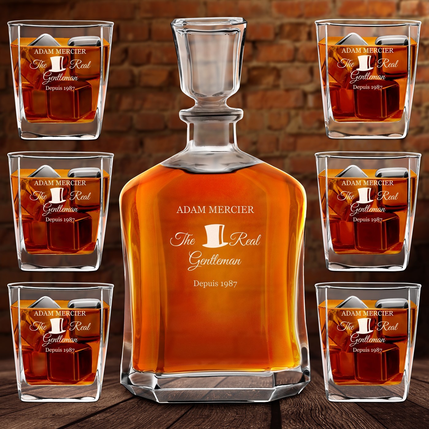 Set de decantador de whisky Murrano con 6 vasos y grabado