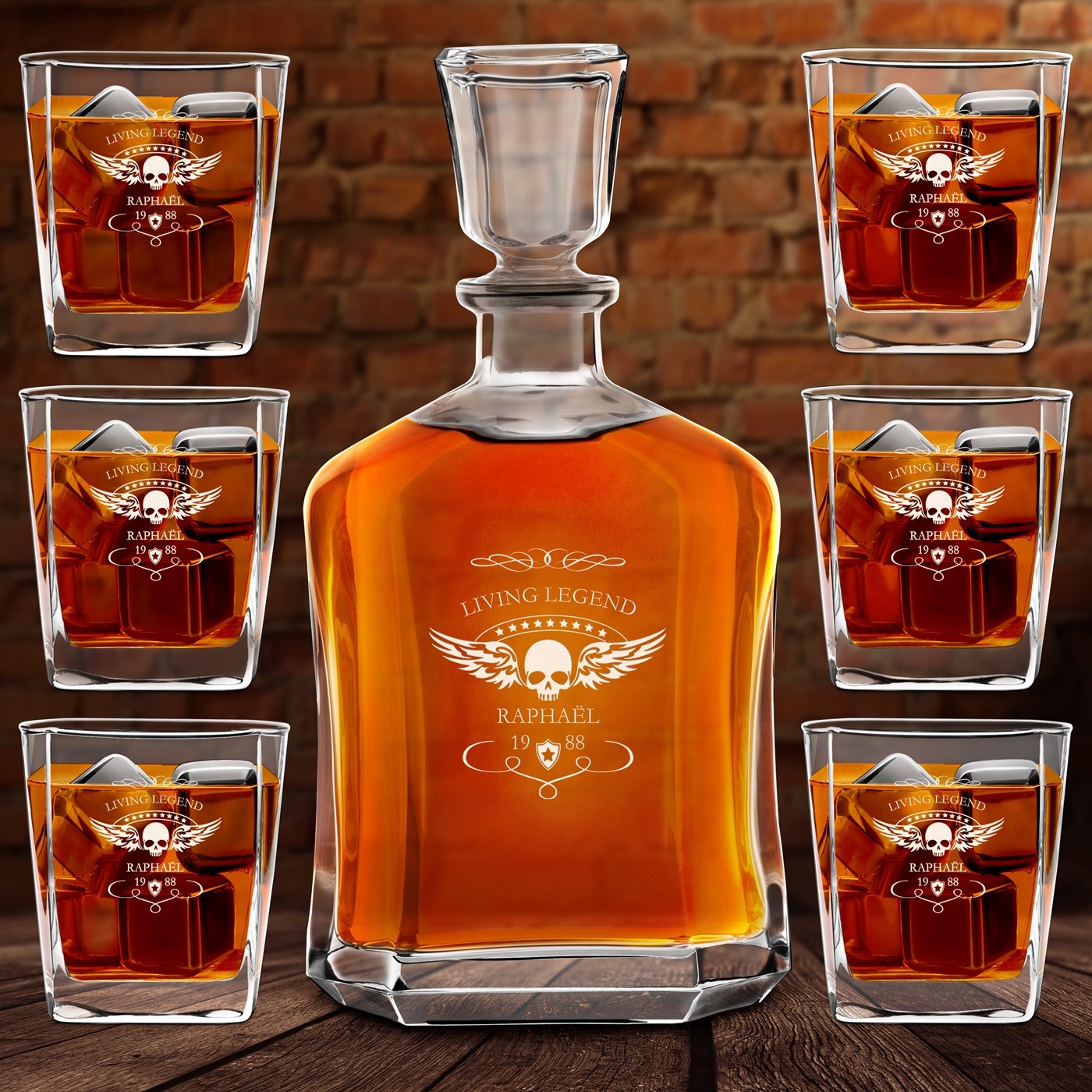 Set de decantador de whisky Murrano con 6 vasos y grabado láser para entusiastas de las motocicletas