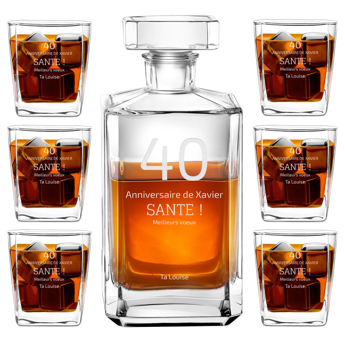 Decantador de bourbon y 6 vasos con grabado para el cumpleaños número 40 de un hombre