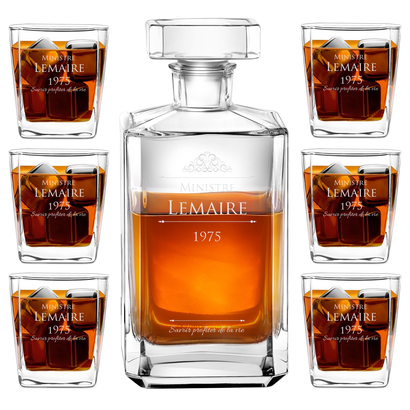 Decantador de whisky bourbon Murrano y 6 vasos con grabado para regalo de cumpleaños de hombre de negocios