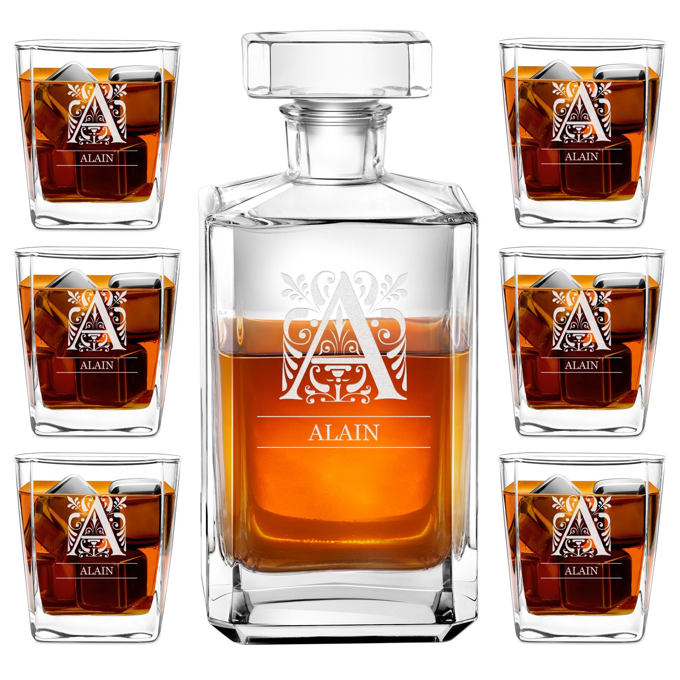 Decantador de bourbon de whisky Murrano y 6 vasos con grabado para caballero