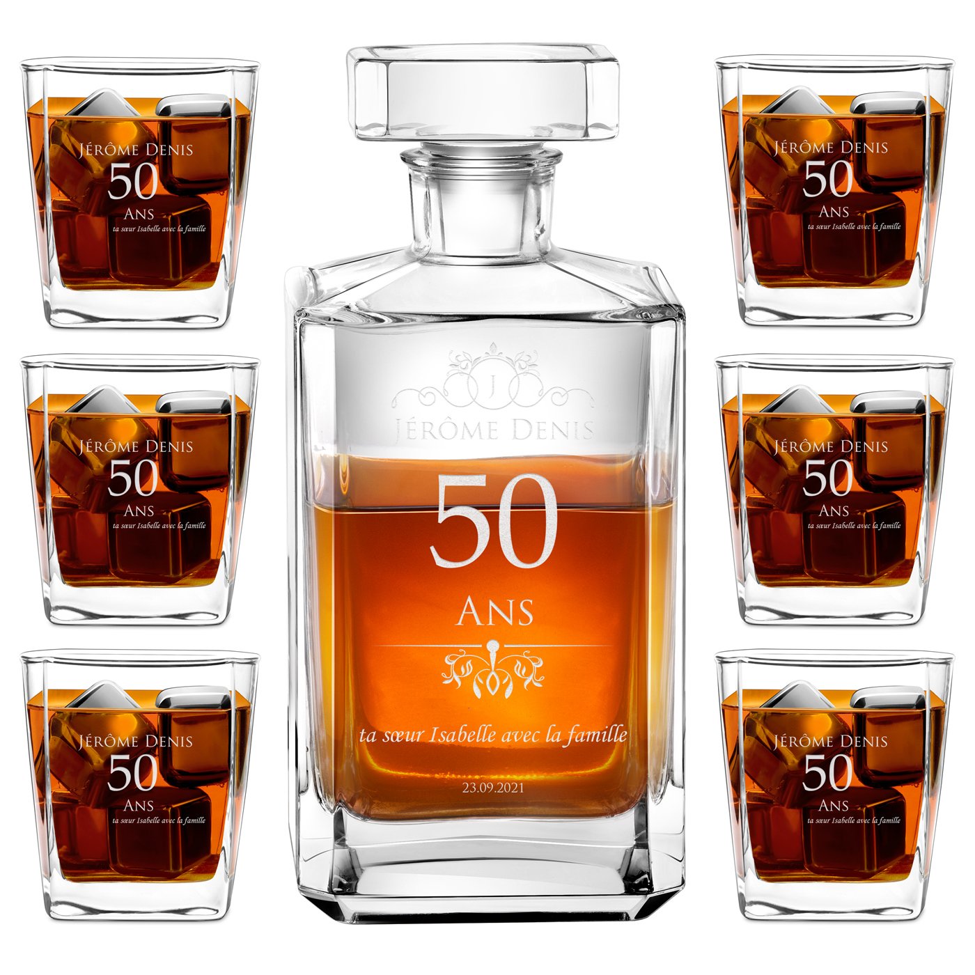 Set de vaso de whisky Bourbon Murrano y vasos personalizados con grabación para hombre por su 50º cumpleaños