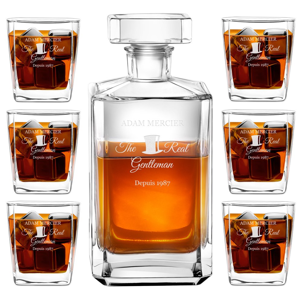 Carafa de bourbon y 6 vasos con grabado para hombre