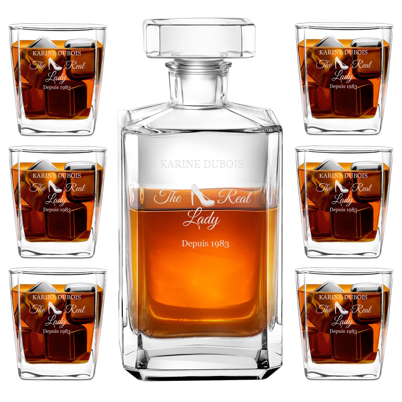 Set de decantador de whisky personalizado y vasos Murrano para el aniversario de su mejor amiga