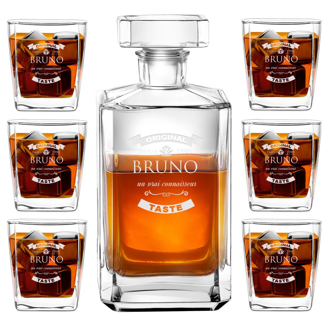 Decantador de bourbon y 6 vasos con grabado para un verdadero conocedor