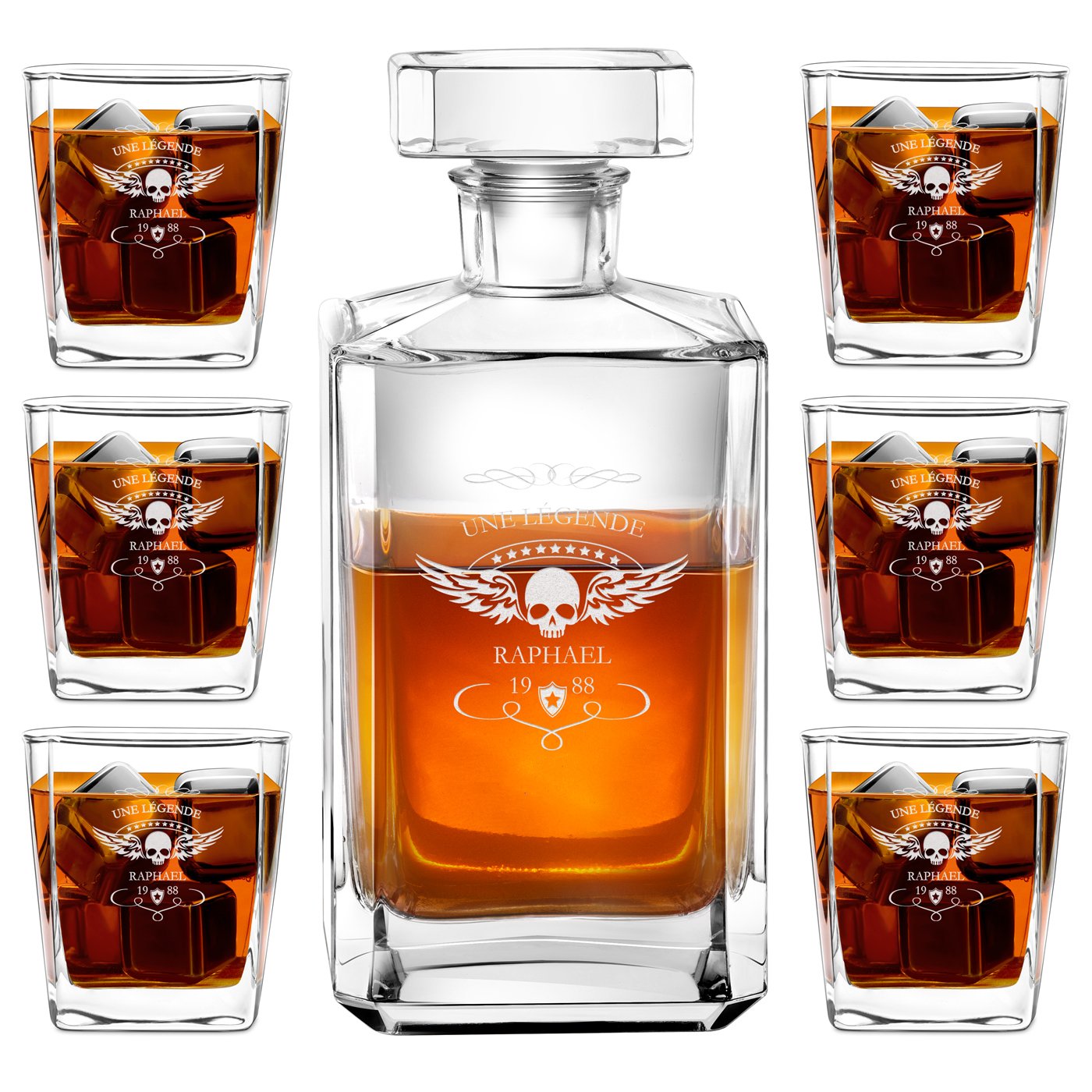 Carafa de bourbon y 6 vasos Murrano con grabado personalizado para motociclistas