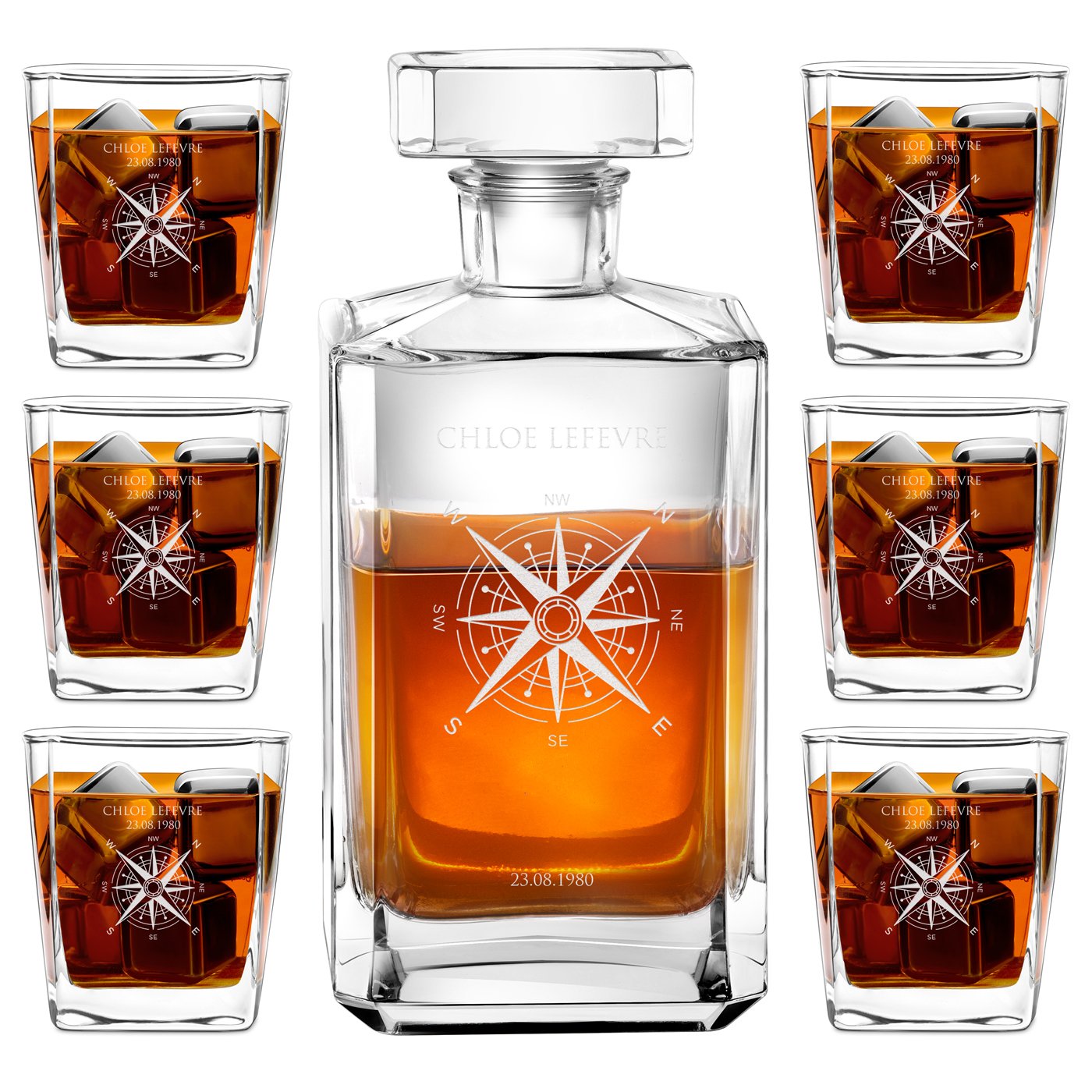 Cufre de whisky Bourbon Murrano y 6 vasos con grabado láser para el aniversario de una mujer