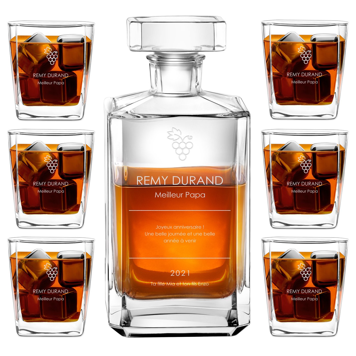 Carafa de bourbon para whisky Murrano y 6 vasos con grabado para el aniversario del padre