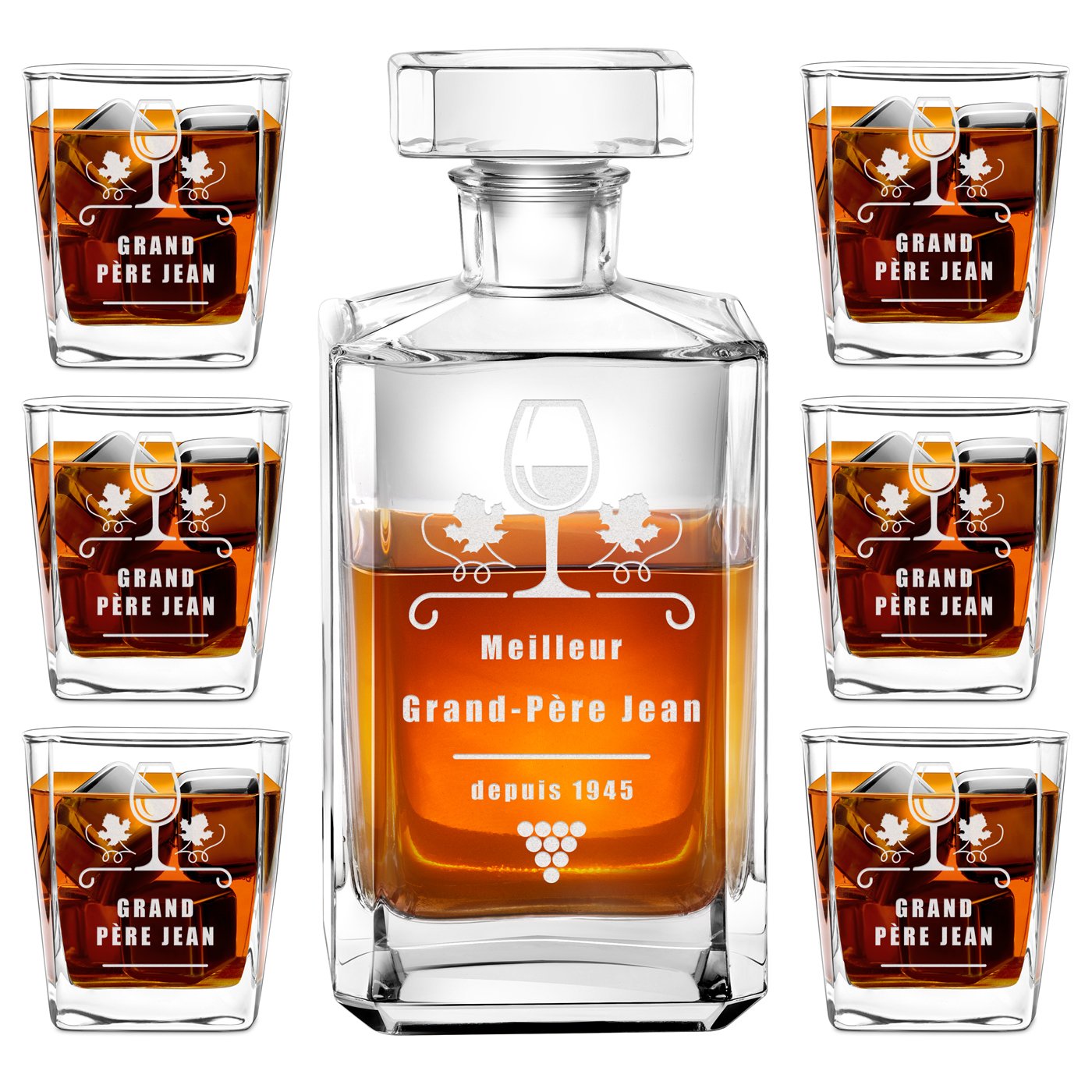 Carafa de bourbon y 6 vasos con grabado para el abuelo