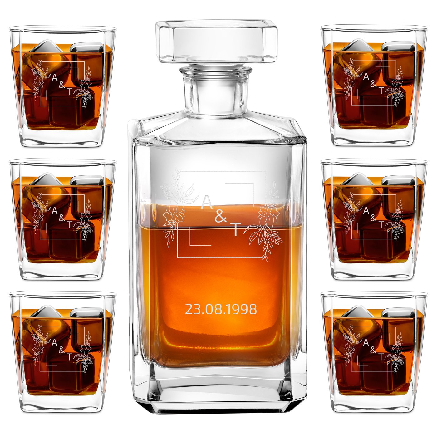 Carafa de bourbon y 6 vasos con grabado láser para bodas de Murrano