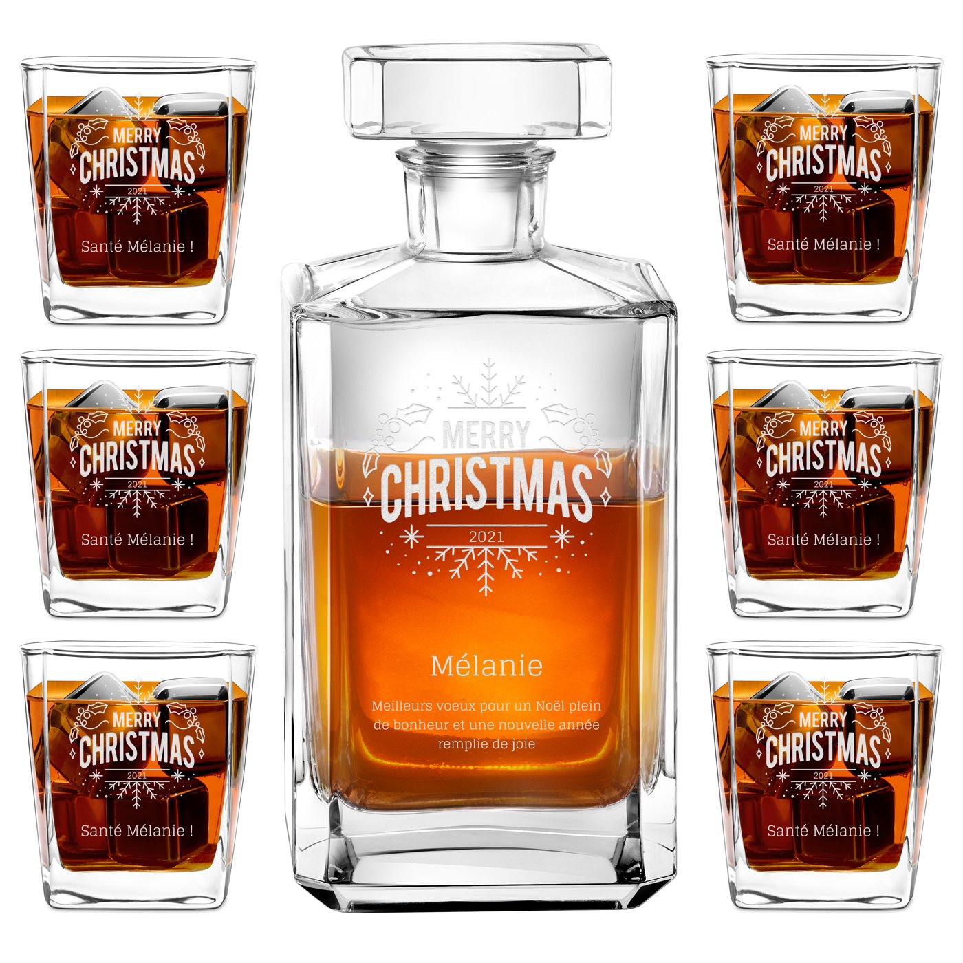 Juego de copa de bourbon y 6 vasos con grabado láser de Murrano para mujer - Regalo de Navidad