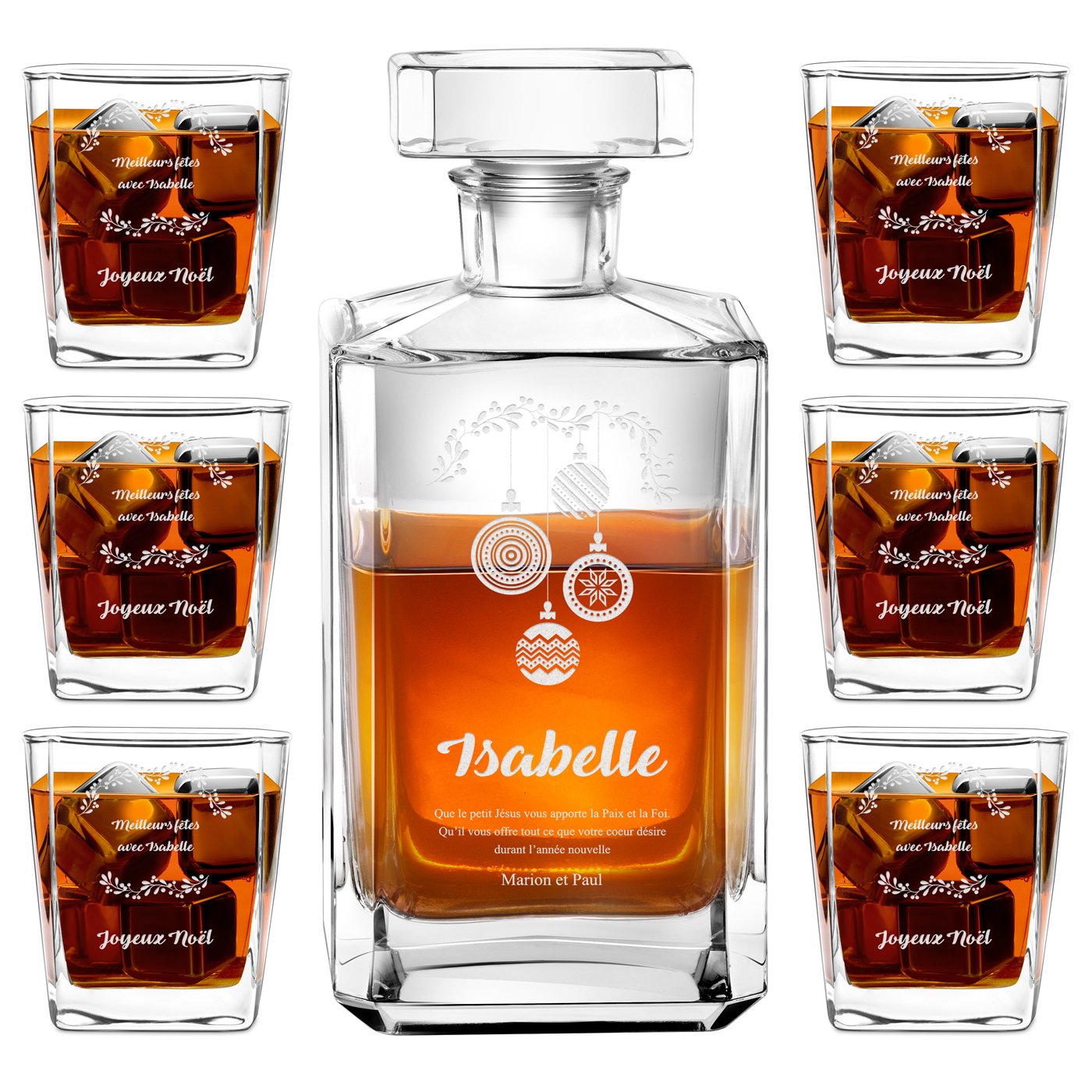 Caja de whisky bourbon Murrano y 6 vasos con grabado láser para mujer