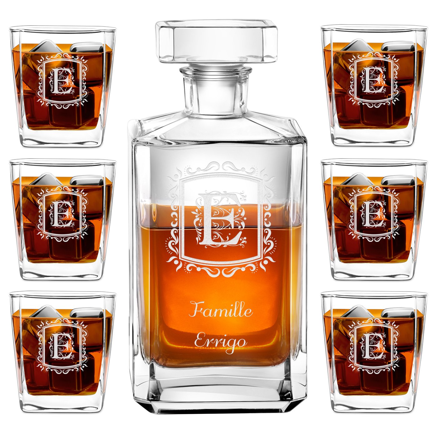 Decantador de whisky Bourbon Murrano y 6 vasos con grabado láser para familia