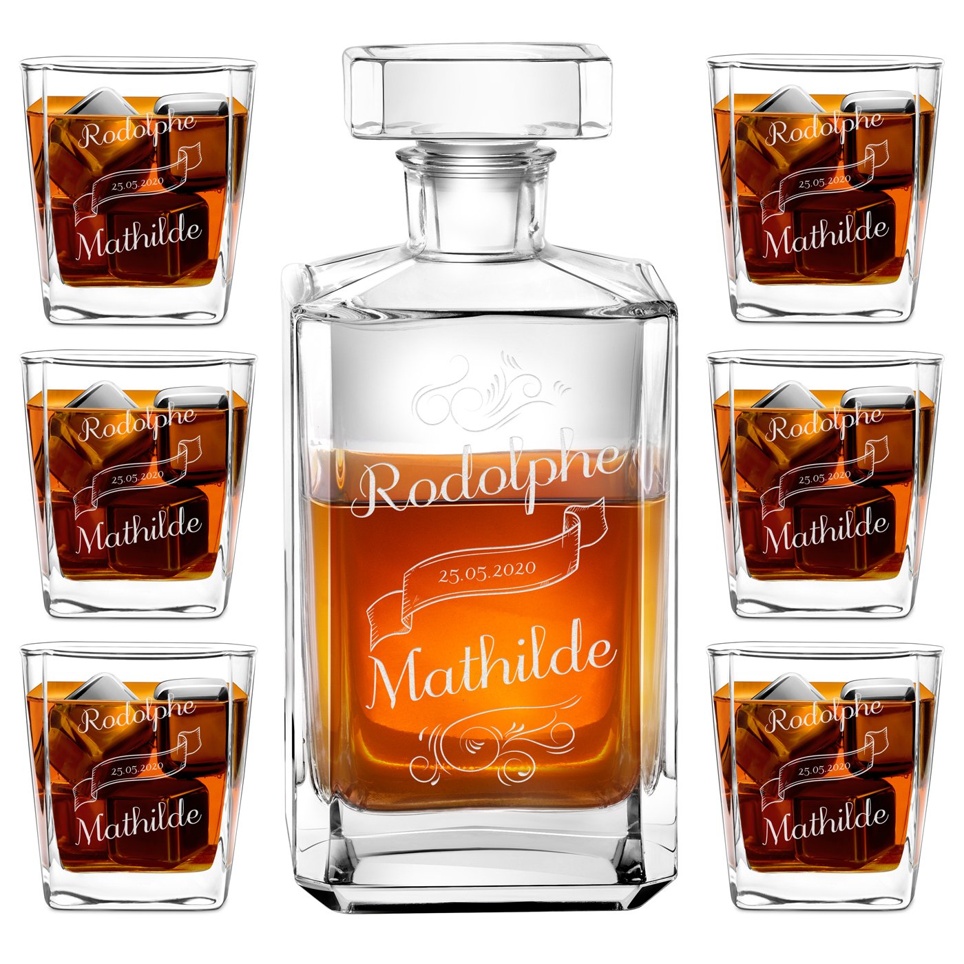 Carafe de bourbon y 6 vasos de Murrano con grabado para novios