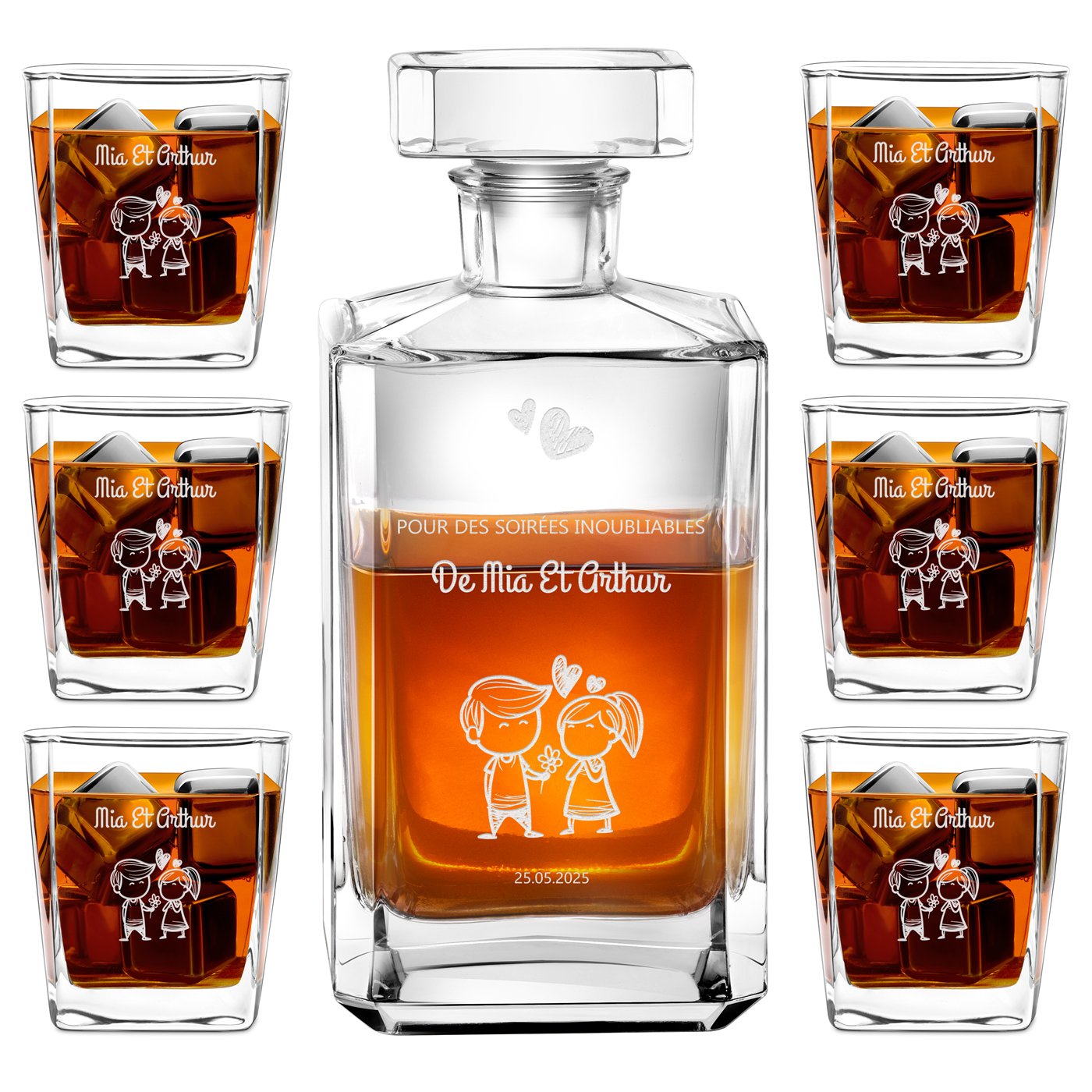 Caja de whisky Bourbon Murrano y 6 vasos con grabado para amantes