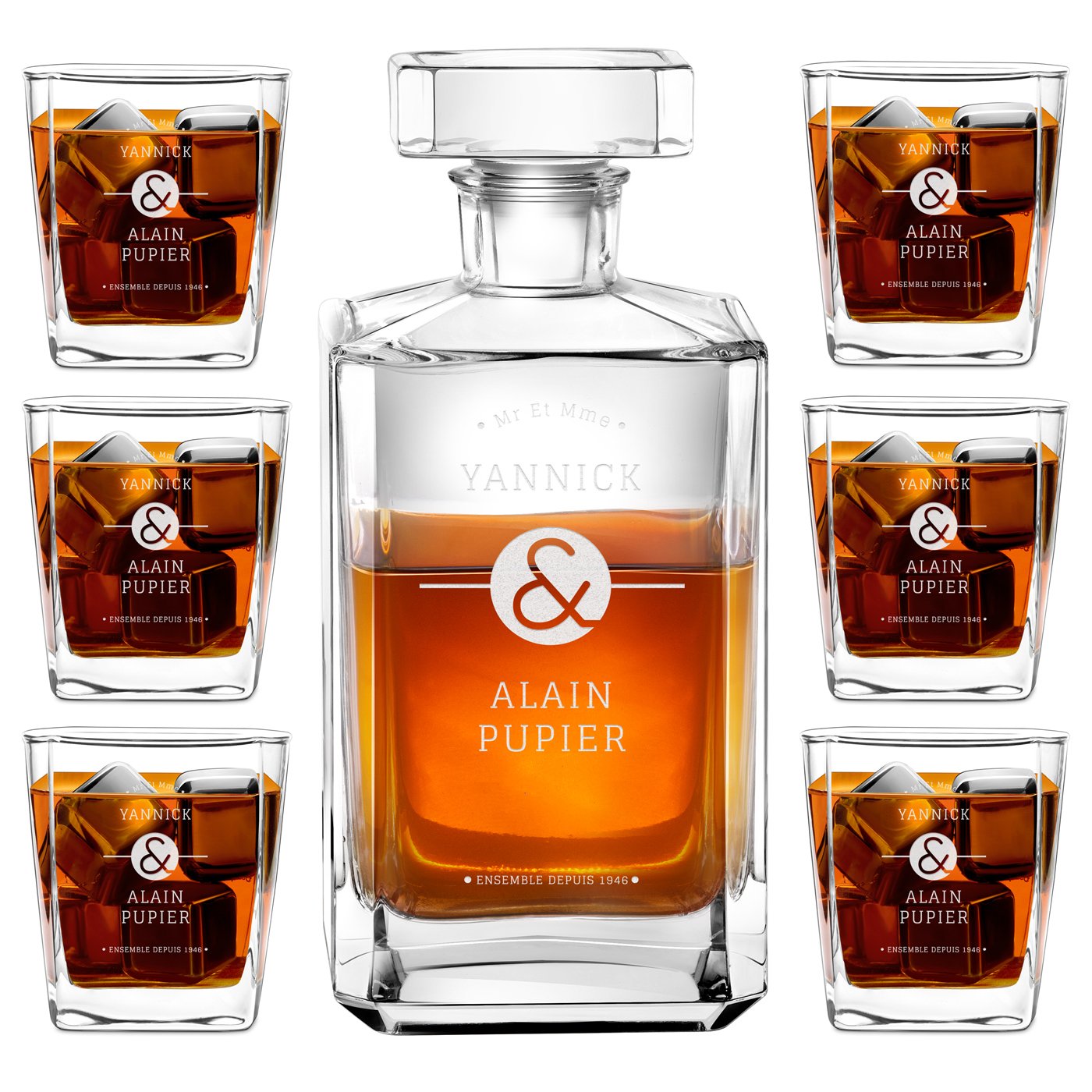 Decantador de whisky bourbon y 6 vasos con grabado para recién casados