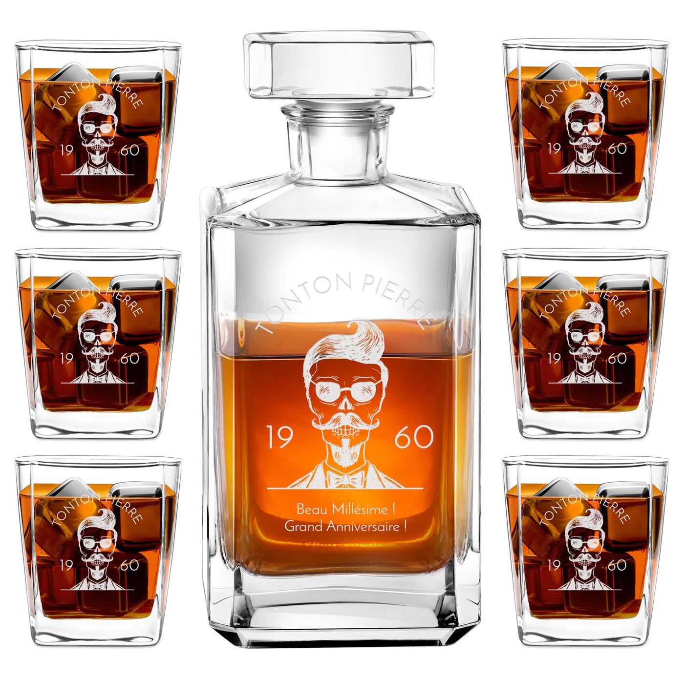 Carafa de bourbon y 6 vasos con grabado de Murrano