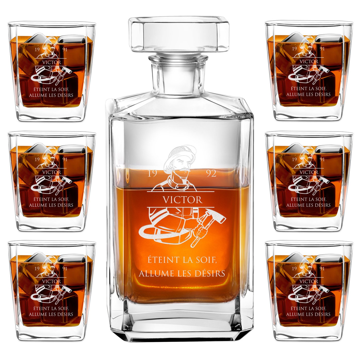 Decantador de whisky bourbon Murrano y 6 vasos con grabado láser para bombero