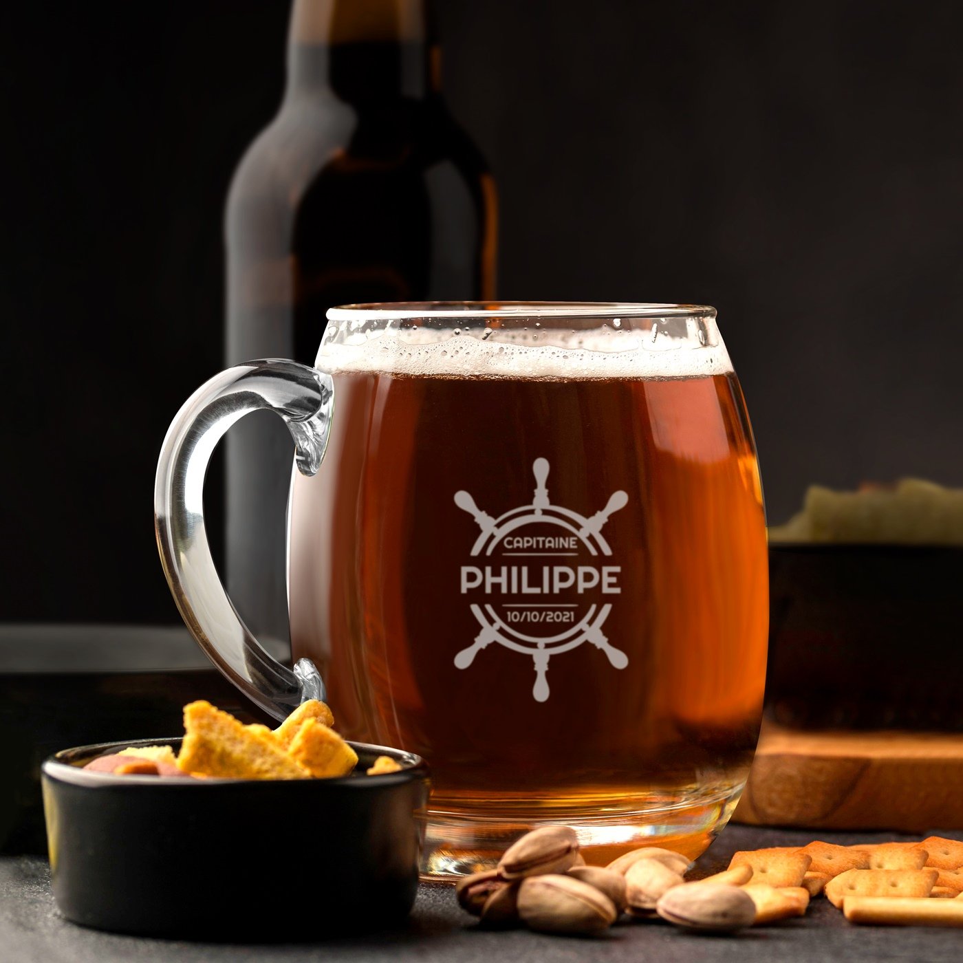 Taza de cerveza de vidrio moderno Murrano con grabado para el capitán viajero