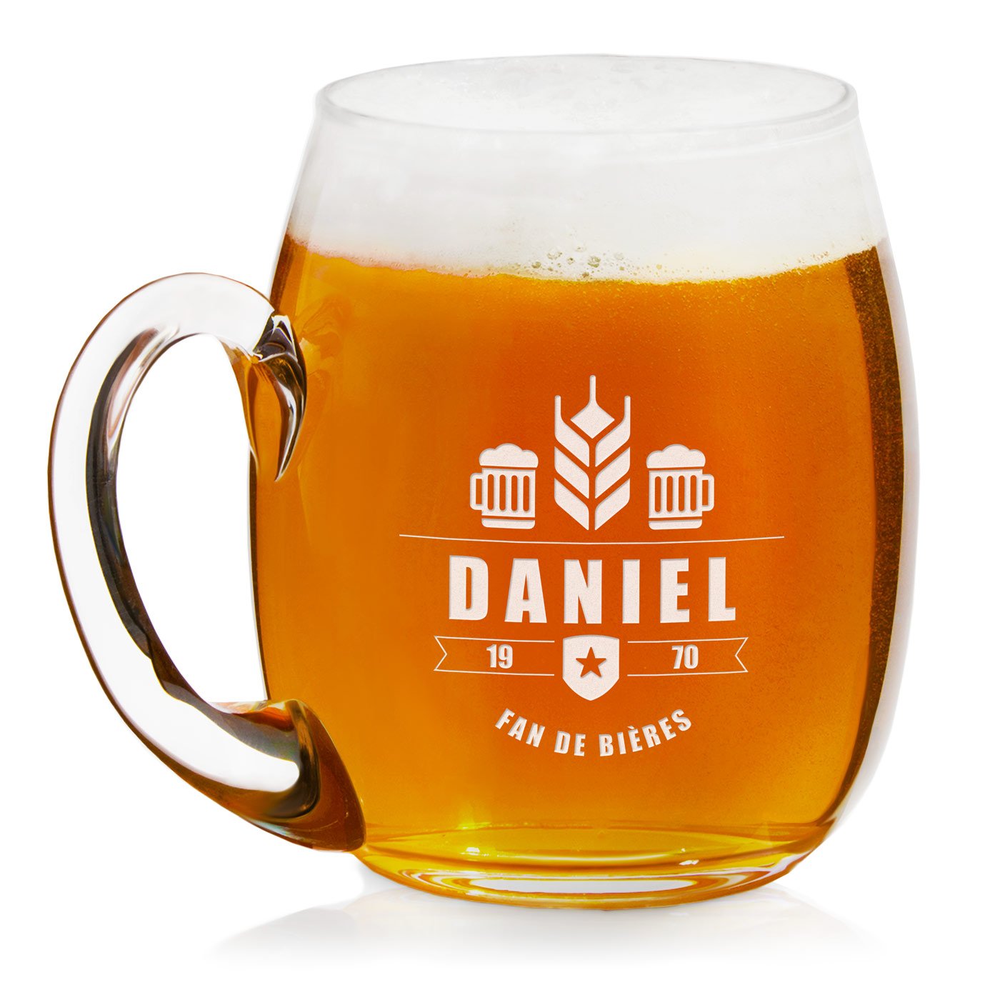 Taza de cerveza moderna de vidrio con grabado para regalo de cumpleaños para un entusiasta de la cerveza