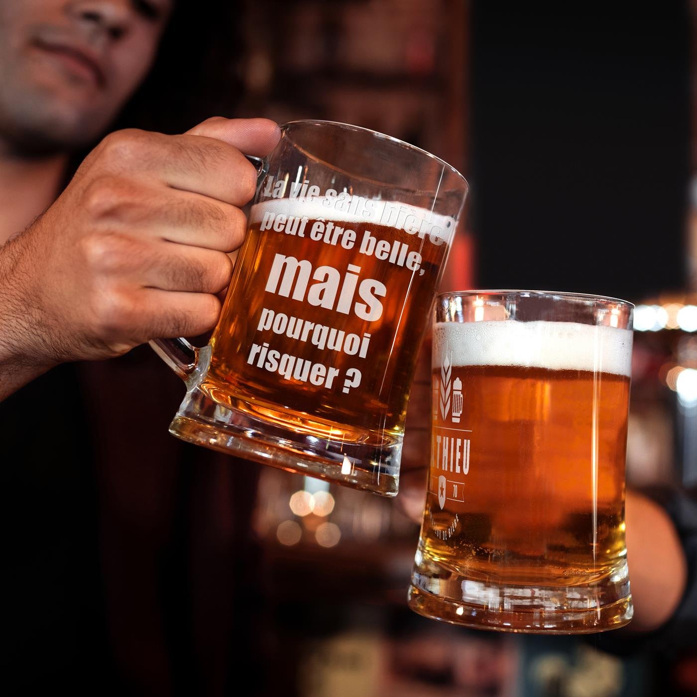 Taza de cerveza personalizada Murrano con grabado láser para un colega de trabajo