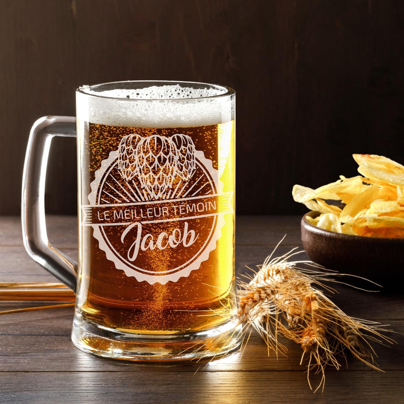 Taza de cerveza personalizada Murrano con grabado láser para testigo de bodas
