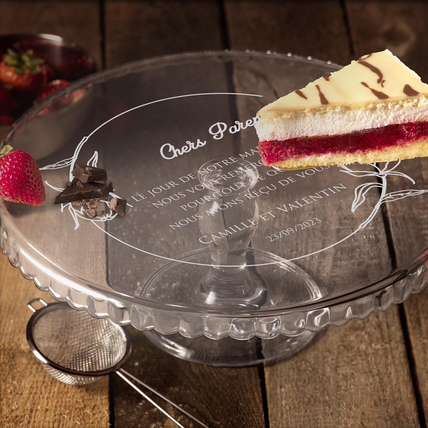 Présentoir à gâteau sur pied en verre personnalisé Murrano pour parents - Remerciement de mariage