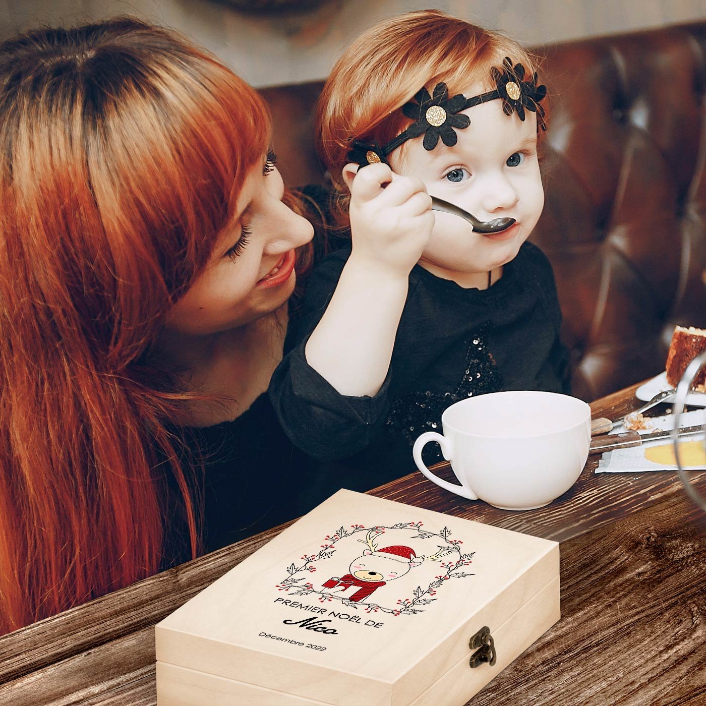 Murrano Children's Cutlery Set in Wooden Box with Boy's Christmas Print