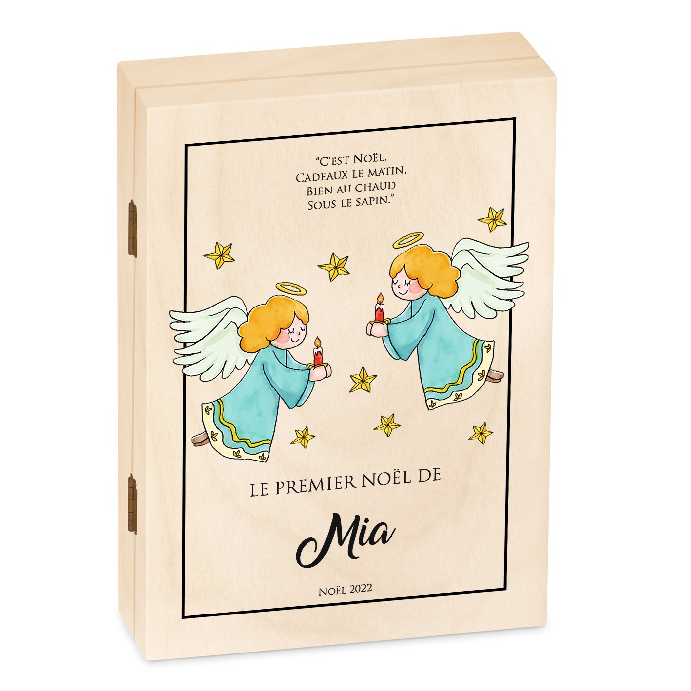Murrano Kids' Stainless Steel Cutlery Set in Wood Box - Angel Christmas Design (For Girls)