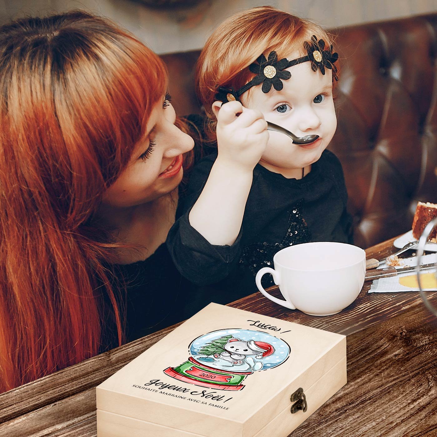 Set de cubiertos personalizados para niños de Murrano en caja de madera con impresión de osito navideño - para niña