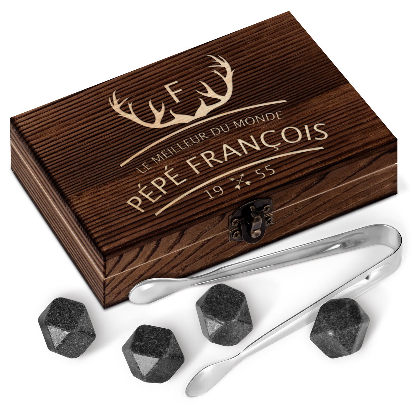 Murrano Whisky Stones Set in Wood Box with Engraving