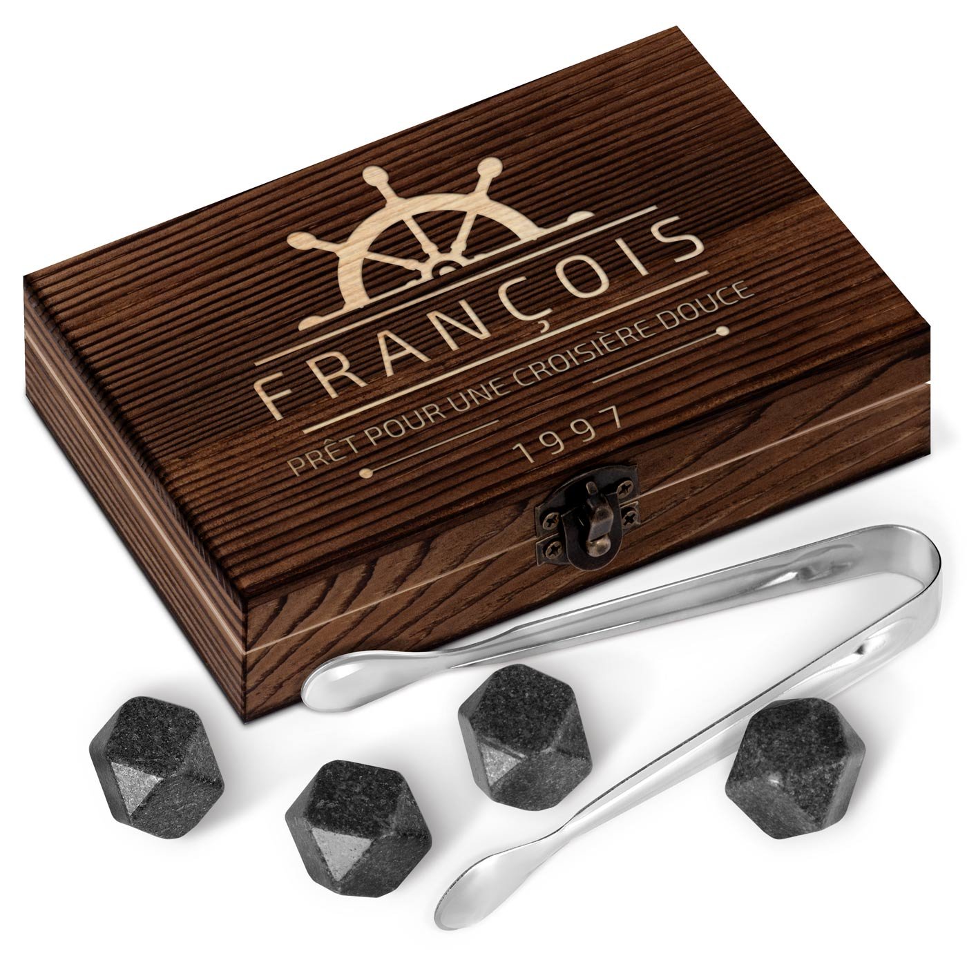 Murrano Customized Wooden Box with Whisky Stones for Husband's Birthday