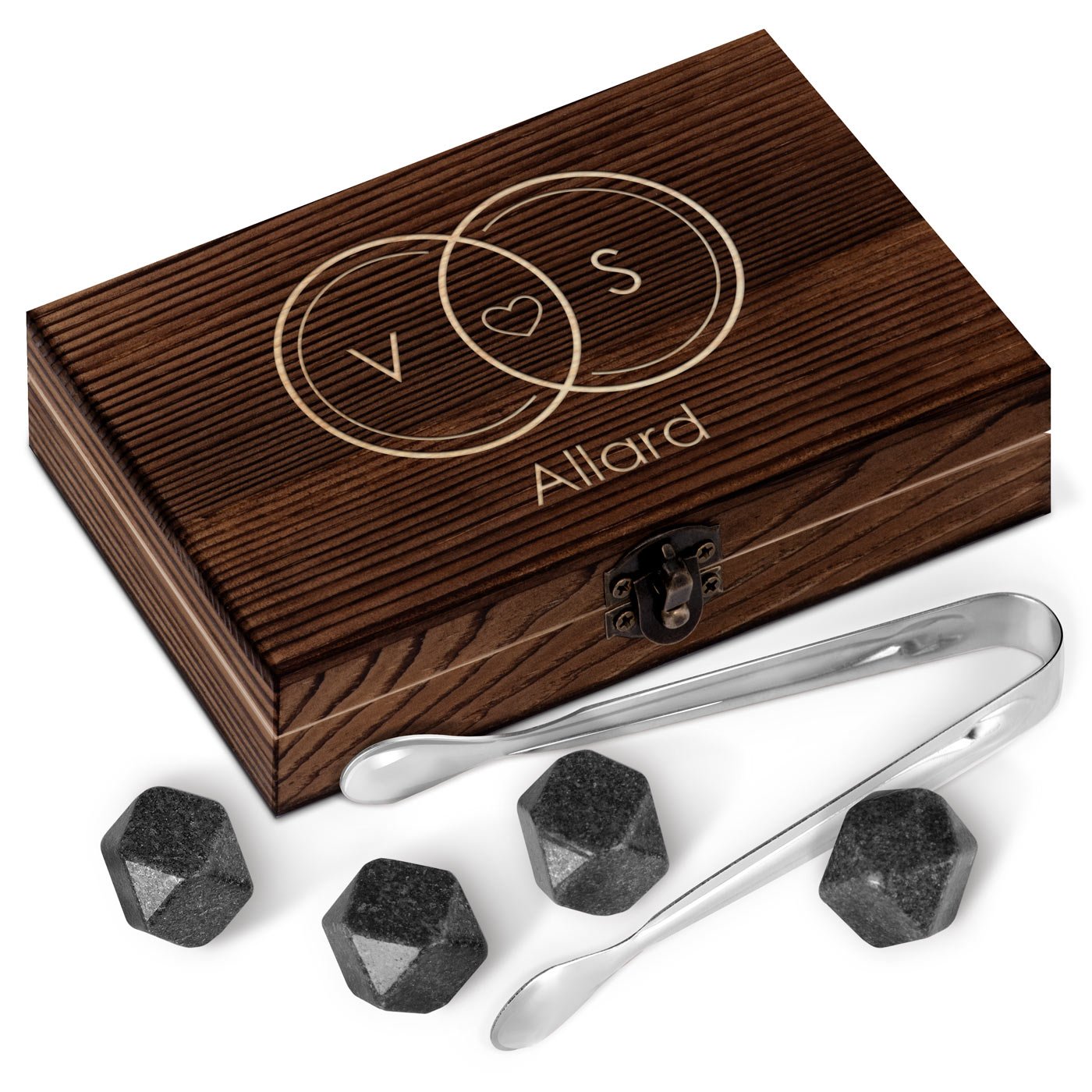 Murrano Customized Wooden Whisky Stones Set for Couple's Wedding