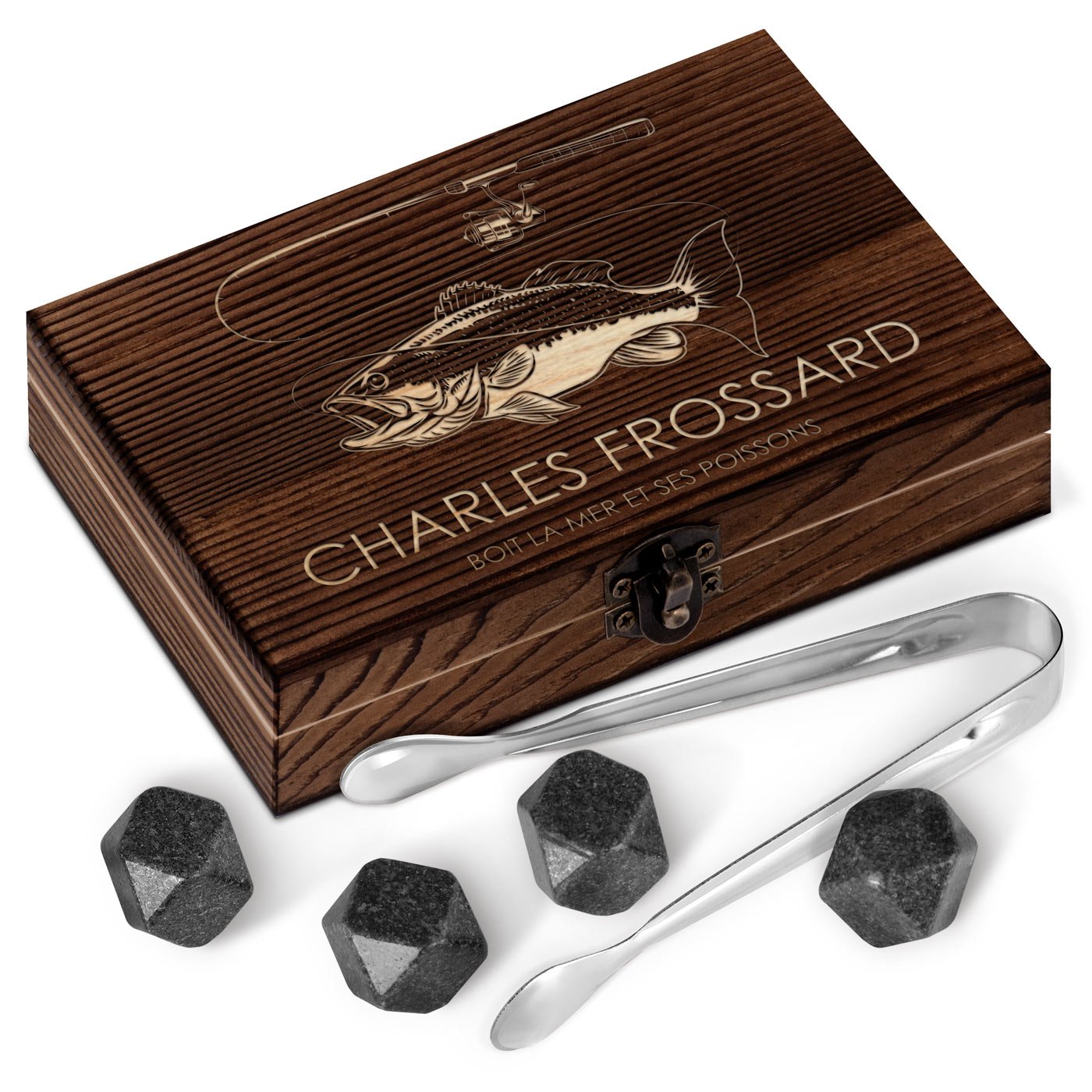 Murrano Whisky Stones Set in Wood Box with Engraving