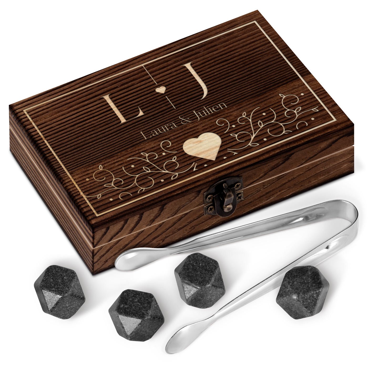 Murrano Whisky Stones Set in Wood Box with Engraving