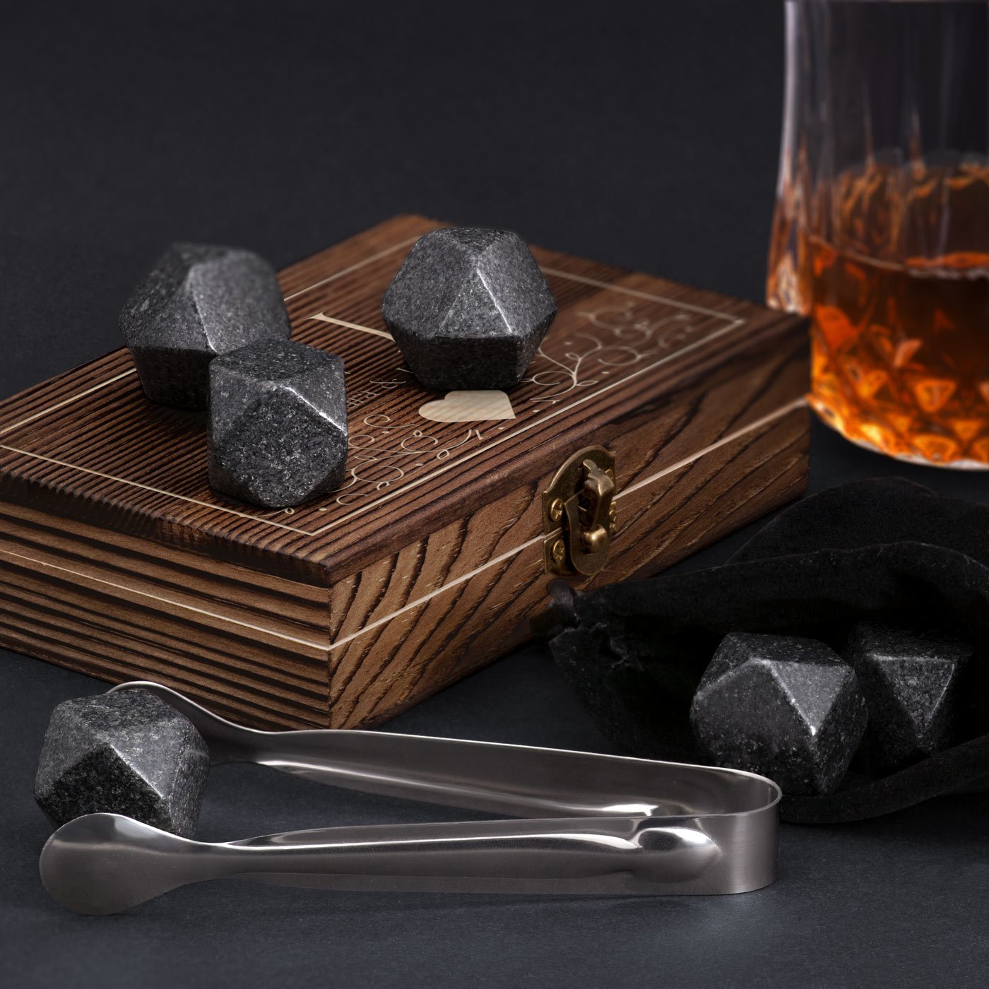 Murrano Whisky Stones Set in Wood Box with Engraving