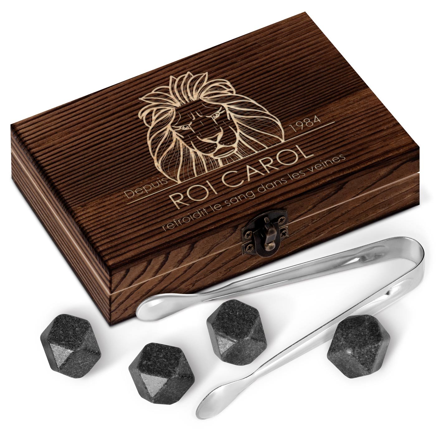 Murrano Whisky Stones Set in Wood Box with Engraving