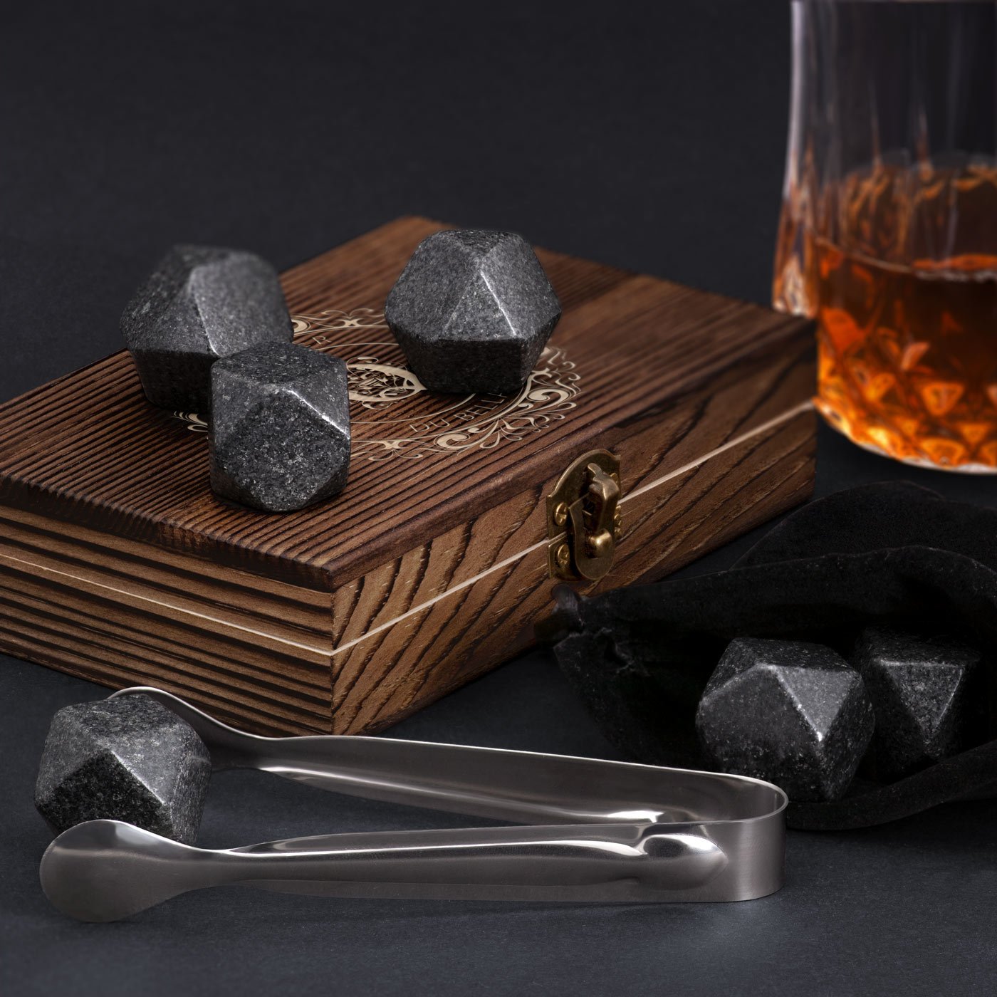 Murrano Whisky Stones Set in Customized Wooden Box