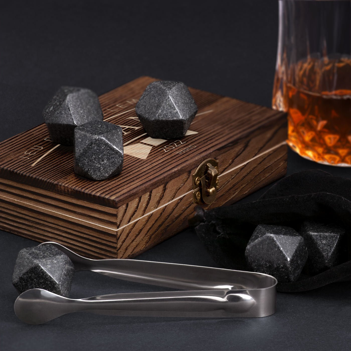 Murrano Whisky Stones Set in Wood Box with Engraving